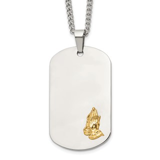 Chisel Stainless Steel Polished with 14K Gold Accent Praying Hands Dog Tag on a 24 inch Curb Chain Necklace
