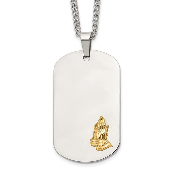 Chisel Stainless Steel Polished with 14K Gold Accent Praying Hands Dog Tag on a 24 inch Curb Chain Necklace