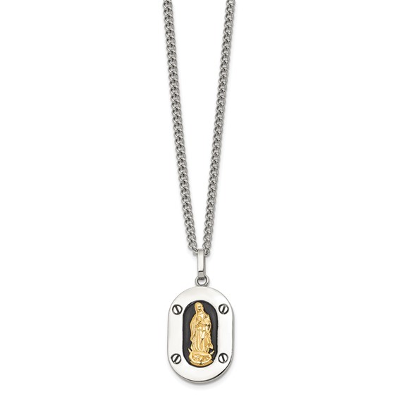 Chisel Stainless Steel Polished with 10K Gold Accent Our Lady of Guadalupe with Black Enamel Pendant on a 24 inch Cable Chain Necklace