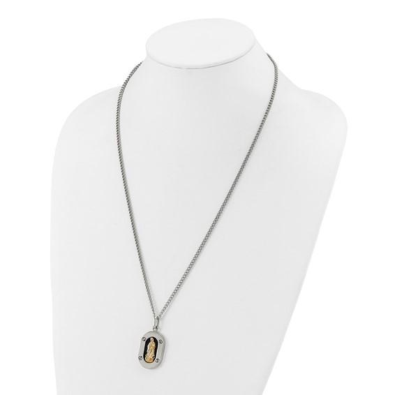 Chisel Stainless Steel Polished with 10K Gold Accent Our Lady of Guadalupe with Black Enamel Pendant on a 24 inch Cable Chain Necklace
