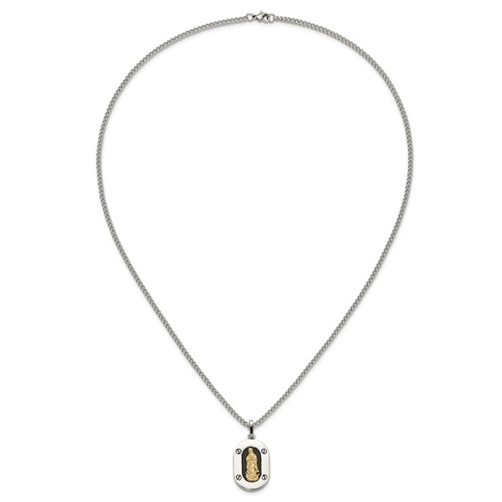 Chisel Stainless Steel Polished with 10K Gold Accent Our Lady of Guadalupe with Black Enamel Pendant on a 24 inch Cable Chain Necklace