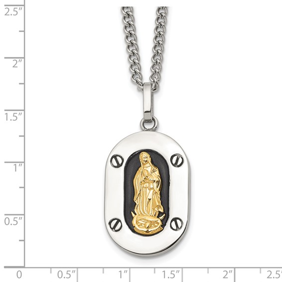Chisel Stainless Steel Polished with 10K Gold Accent Our Lady of Guadalupe with Black Enamel Pendant on a 24 inch Cable Chain Necklace