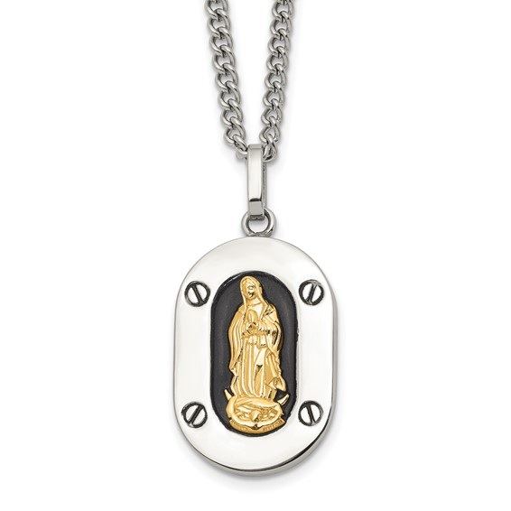 Chisel Stainless Steel Polished with 10K Gold Accent Our Lady of Guadalupe with Black Enamel Pendant on a 24 inch Cable Chain Necklace
