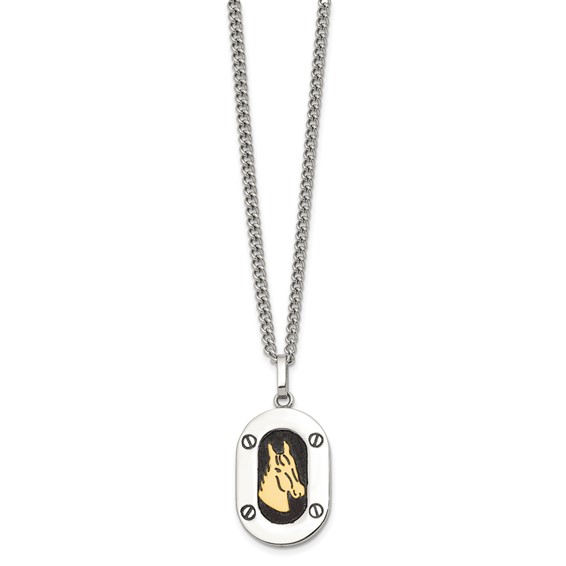 Chisel Stainless Steel Polished with 14K Gold Accent Horse Head with Black Enameled Pendant on a 24 inch Cable Necklace