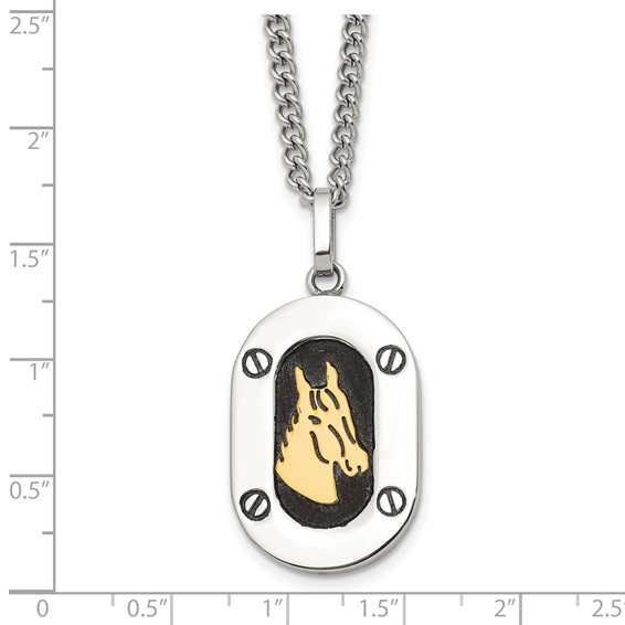 Chisel Stainless Steel Polished with 14K Gold Accent Horse Head with Black Enameled Pendant on a 24 inch Cable Necklace