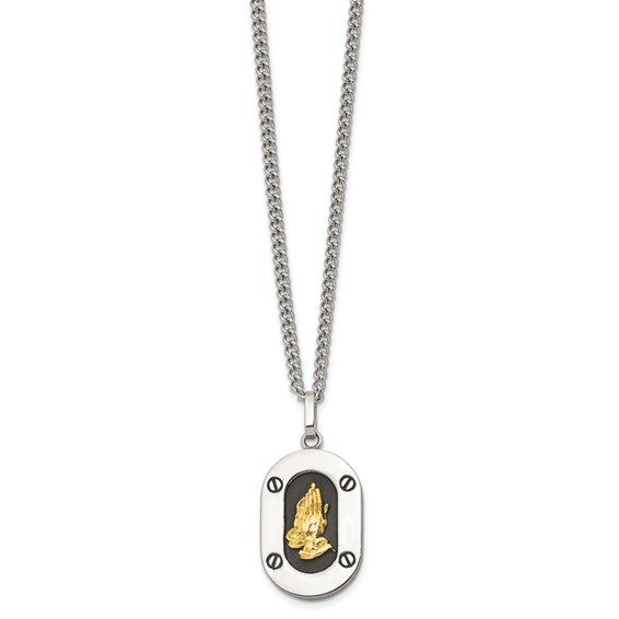 Chisel Stainless Steel Polished with 14K Gold Accent Praying Hands with Black Enamel Pendant on a 24 inch Curb Chain Necklace