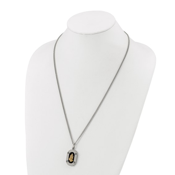 Chisel Stainless Steel Polished with 14K Gold Accent Praying Hands with Black Enamel Pendant on a 24 inch Curb Chain Necklace
