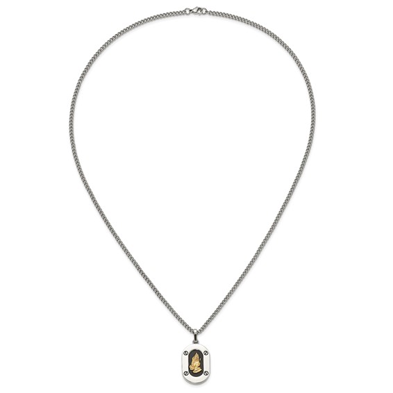 Chisel Stainless Steel Polished with 14K Gold Accent Praying Hands with Black Enamel Pendant on a 24 inch Curb Chain Necklace
