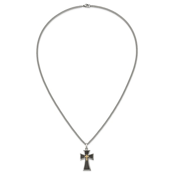 Chisel Stainless Steel Polished with Diamond-cut 14K Gold Accent  with Black Enamel Cross Pendant on a 24 inch Curb Chain Necklace