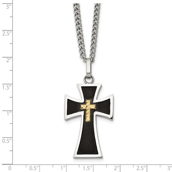 Chisel Stainless Steel Polished with Diamond-cut 14K Gold Accent  with Black Enamel Cross Pendant on a 24 inch Curb Chain Necklace