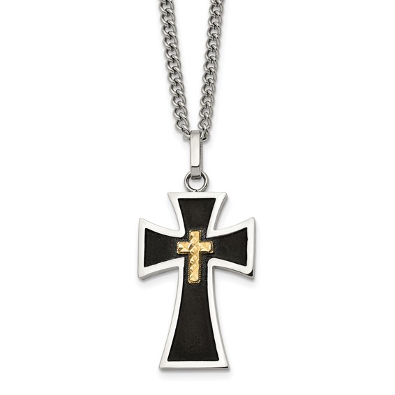 Chisel Stainless Steel Polished with Diamond-cut 14K Gold Accent  with Black Enamel Cross Pendant on a 24 inch Curb Chain Necklace