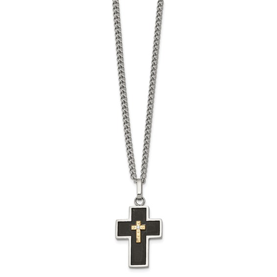 Chisel Stainless Steel Polished with 14K Gold Accent and 2pt. Diamond with Black Enamel Cross Pendant on 24 inch Curb Chain Necklace