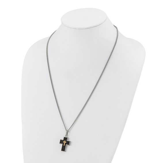 Chisel Stainless Steel Polished with 14K Gold Accent and 2pt. Diamond with Black Enamel Cross Pendant on 24 inch Curb Chain Necklace