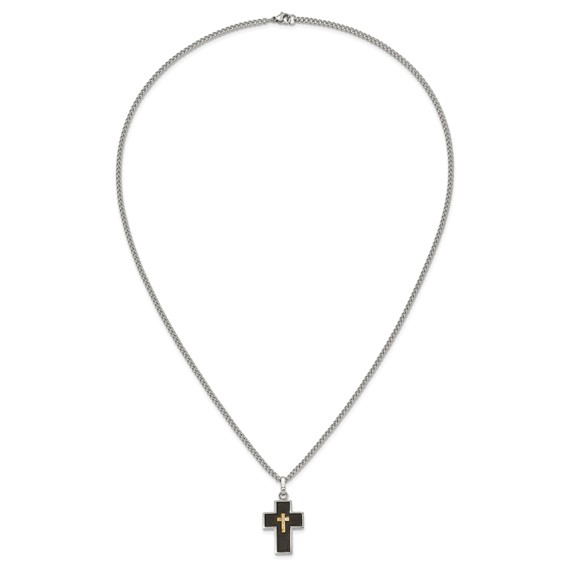 Chisel Stainless Steel Polished with 14K Gold Accent and 2pt. Diamond with Black Enamel Cross Pendant on 24 inch Curb Chain Necklace