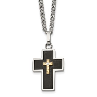 Chisel Stainless Steel Polished with 14K Gold Accent and 2pt. Diamond with Black Enamel Cross Pendant on 24 inch Curb Chain Necklace