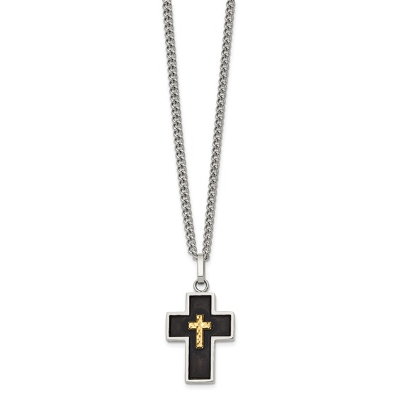 Chisel Stainless Steel Polished with Diamond-cut 14K Gold Accent with Black Enamel Cross Pendant on a 24 inch Curb Chain Necklace