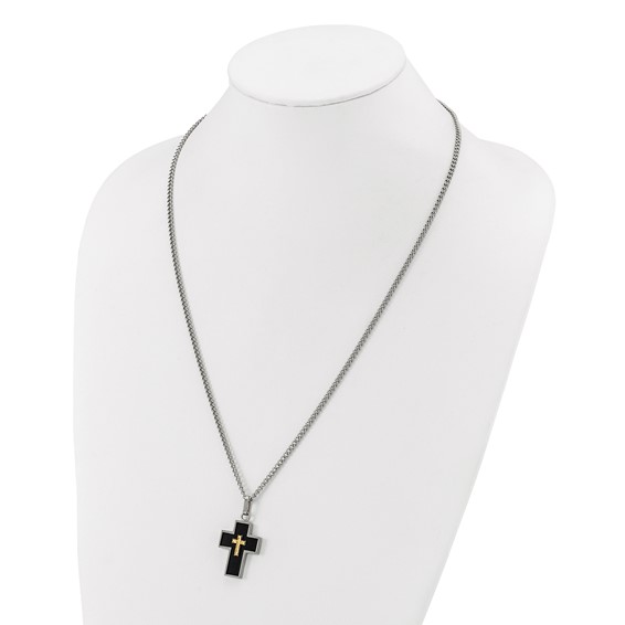 Chisel Stainless Steel Polished with Diamond-cut 14K Gold Accent with Black Enamel Cross Pendant on a 24 inch Curb Chain Necklace