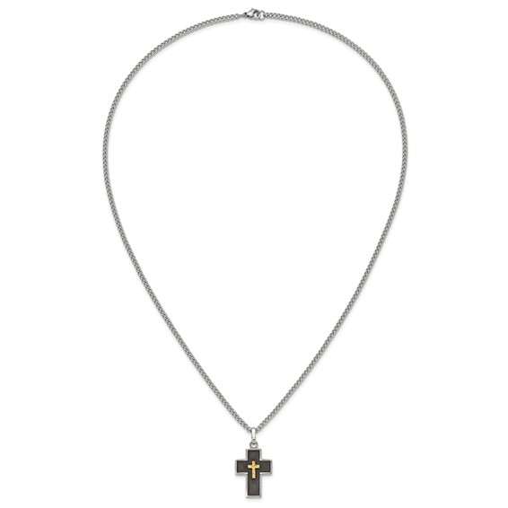 Chisel Stainless Steel Polished with Diamond-cut 14K Gold Accent with Black Enamel Cross Pendant on a 24 inch Curb Chain Necklace