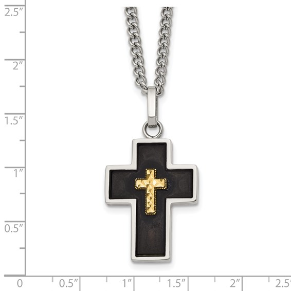 Chisel Stainless Steel Polished with Diamond-cut 14K Gold Accent with Black Enamel Cross Pendant on a 24 inch Curb Chain Necklace