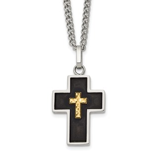 Chisel Stainless Steel Polished with Diamond-cut 14K Gold Accent with Black Enamel Cross Pendant on a 24 inch Curb Chain Necklace