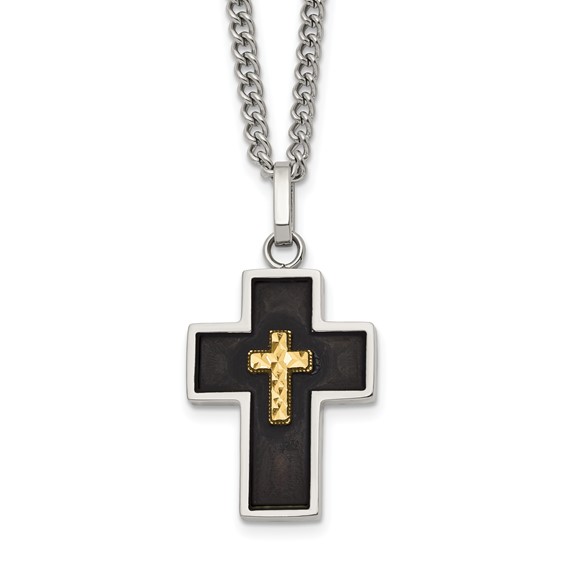 Chisel Stainless Steel Polished with Diamond-cut 14K Gold Accent with Black Enamel Cross Pendant on a 24 inch Curb Chain Necklace