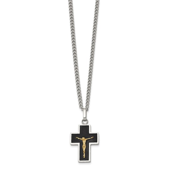Chisel Stainless Steel Polished with 14K Gold Accent with Black Enamel Crucifix Pendant on a 24 inch Curb Chain Necklace