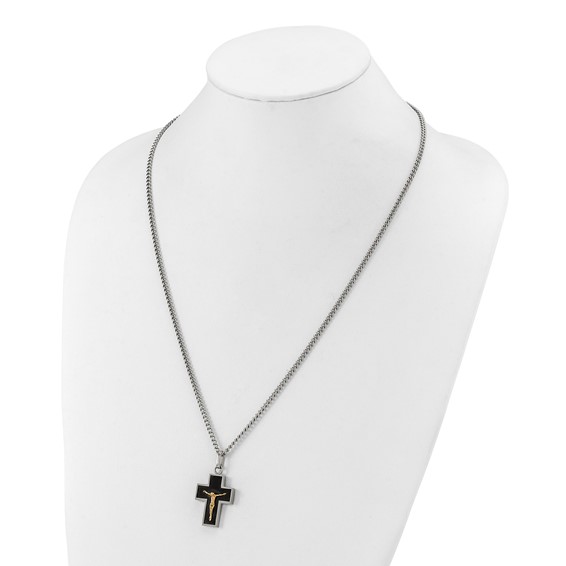 Chisel Stainless Steel Polished with 14K Gold Accent with Black Enamel Crucifix Pendant on a 24 inch Curb Chain Necklace