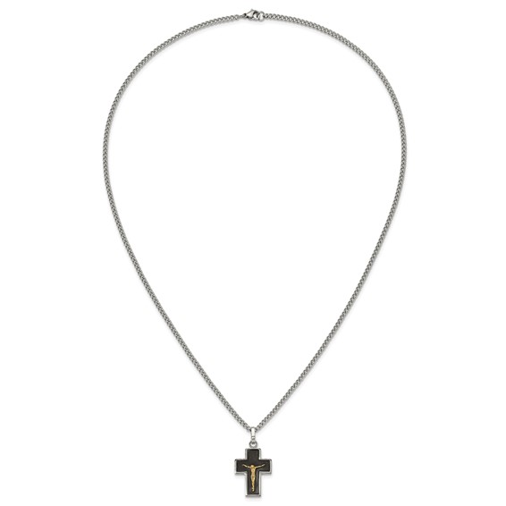 Chisel Stainless Steel Polished with 14K Gold Accent with Black Enamel Crucifix Pendant on a 24 inch Curb Chain Necklace