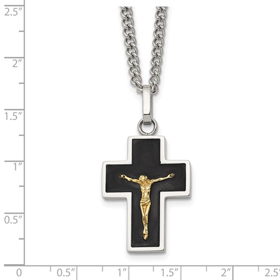 Chisel Stainless Steel Polished with 14K Gold Accent with Black Enamel Crucifix Pendant on a 24 inch Curb Chain Necklace