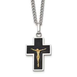 Chisel Stainless Steel Polished with 14K Gold Accent with Black Enamel Crucifix Pendant on a 24 inch Curb Chain Necklace