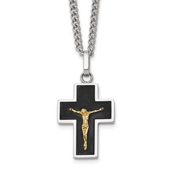 Chisel Stainless Steel Polished with 14K Gold Accent with Black Enamel Crucifix Pendant on a 24 inch Curb Chain Necklace