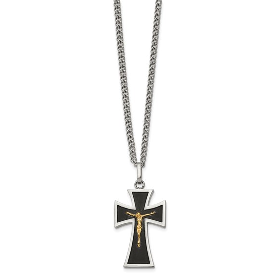 Chisel Stainless Steel Polished with 14K Gold Accent with Black Enamel Crucifix Pendant on a 24 inch Curb Chain Necklace
