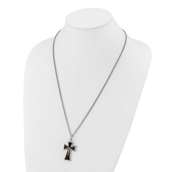 Chisel Stainless Steel Polished with 14K Gold Accent with Black Enamel Crucifix Pendant on a 24 inch Curb Chain Necklace