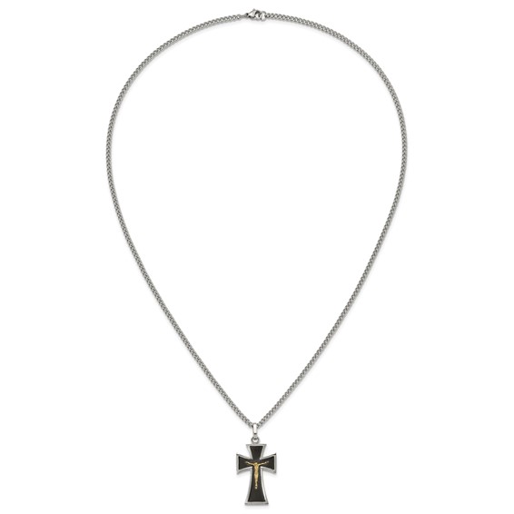 Chisel Stainless Steel Polished with 14K Gold Accent with Black Enamel Crucifix Pendant on a 24 inch Curb Chain Necklace