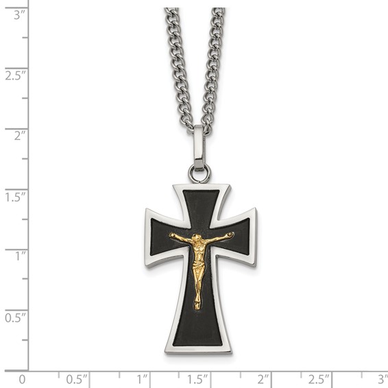 Chisel Stainless Steel Polished with 14K Gold Accent with Black Enamel Crucifix Pendant on a 24 inch Curb Chain Necklace
