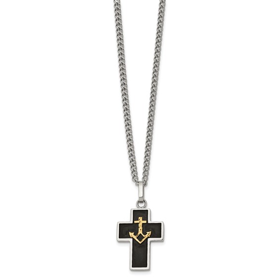 Chisel Stainless Steel Polished with Diamond-cut 14K Gold Accent with Black Enamel Cross and Anchor Pendant on a 24 inch Necklace