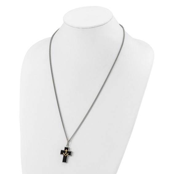 Chisel Stainless Steel Polished with Diamond-cut 14K Gold Accent with Black Enamel Cross and Anchor Pendant on a 24 inch Necklace