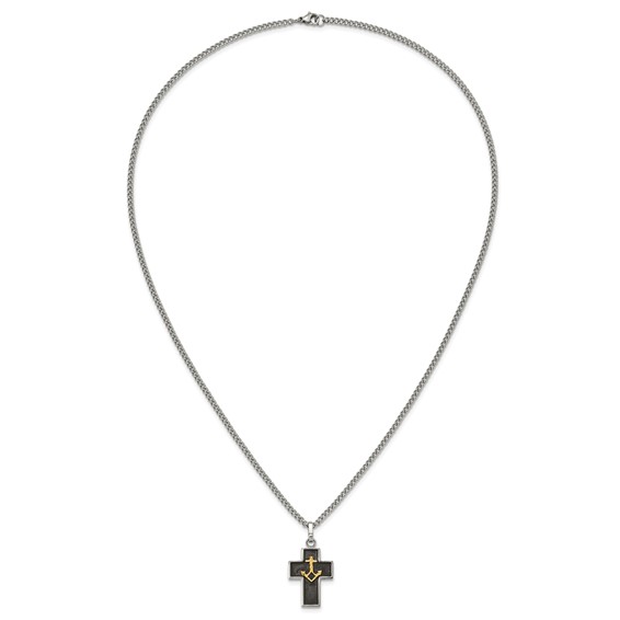 Chisel Stainless Steel Polished with Diamond-cut 14K Gold Accent with Black Enamel Cross and Anchor Pendant on a 24 inch Necklace