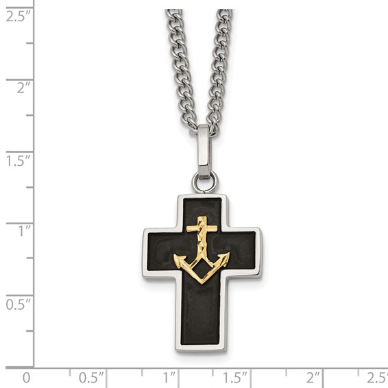 Chisel Stainless Steel Polished with Diamond-cut 14K Gold Accent with Black Enamel Cross and Anchor Pendant on a 24 inch Necklace