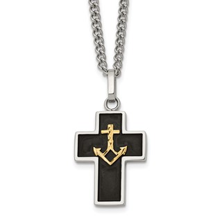 Chisel Stainless Steel Polished with Diamond-cut 14K Gold Accent with Black Enamel Cross and Anchor Pendant on a 24 inch Necklace