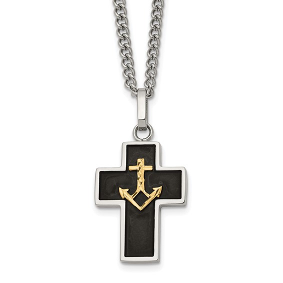 Chisel Stainless Steel Polished with Diamond-cut 14K Gold Accent with Black Enamel Cross and Anchor Pendant on a 24 inch Necklace