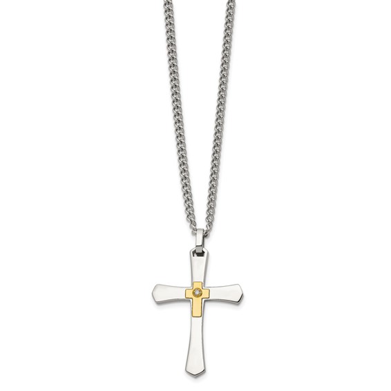 Chisel Stainless Steel Polished with 14K Gold Accent and 3pt. Diamond Cross Pendant on a 24 inch Curb Chain Necklace