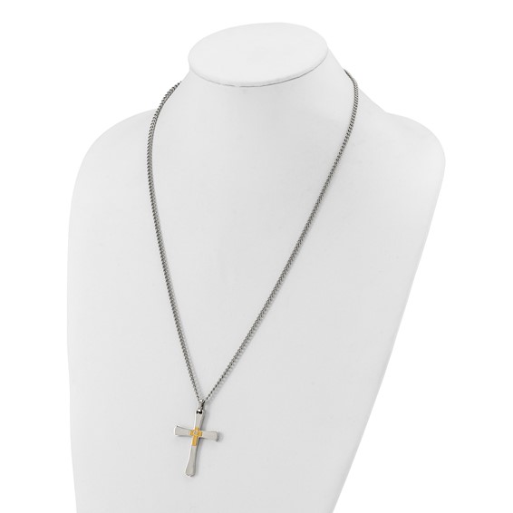 Chisel Stainless Steel Polished with 14K Gold Accent and 3pt. Diamond Cross Pendant on a 24 inch Curb Chain Necklace