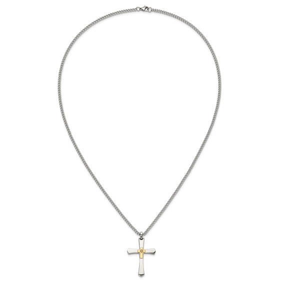 Chisel Stainless Steel Polished with 14K Gold Accent and 3pt. Diamond Cross Pendant on a 24 inch Curb Chain Necklace