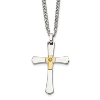 Chisel Stainless Steel Polished with 14K Gold Accent and 3pt. Diamond Cross Pendant on a 24 inch Curb Chain Necklace