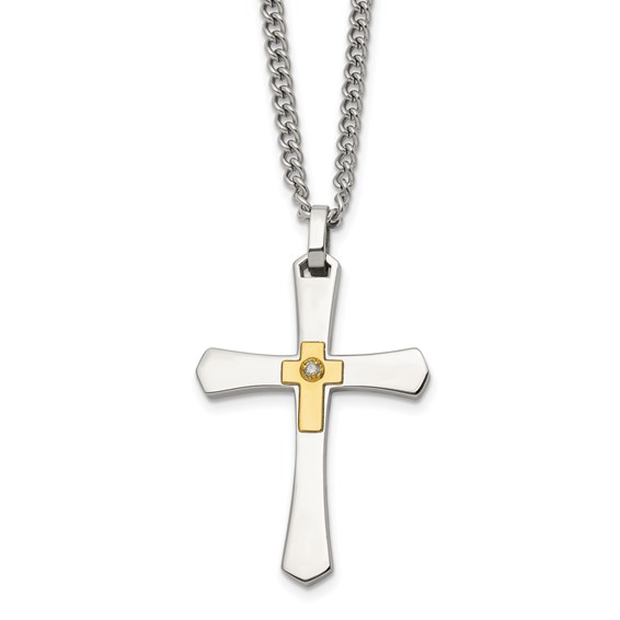 Chisel Stainless Steel Polished with 14K Gold Accent and 3pt. Diamond Cross Pendant on a 24 inch Curb Chain Necklace