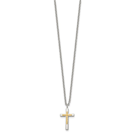 Chisel Stainless Steel Polished with 14K Gold Accent Small Cross Pendant on an 18 inch Cable Chain Necklace