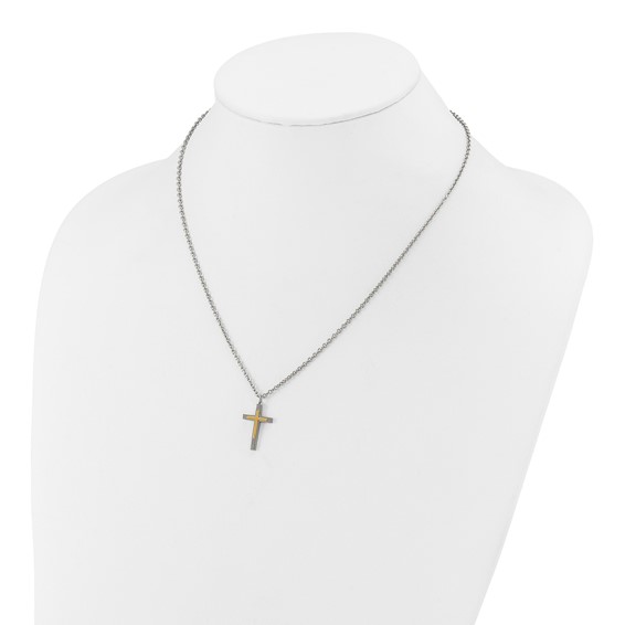 Chisel Stainless Steel Polished with 14K Gold Accent Small Cross Pendant on an 18 inch Cable Chain Necklace