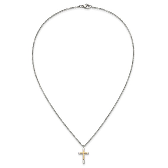 Chisel Stainless Steel Polished with 14K Gold Accent Small Cross Pendant on an 18 inch Cable Chain Necklace