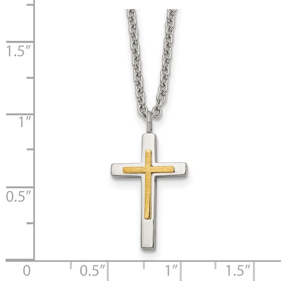 Chisel Stainless Steel Polished with 14K Gold Accent Small Cross Pendant on an 18 inch Cable Chain Necklace
